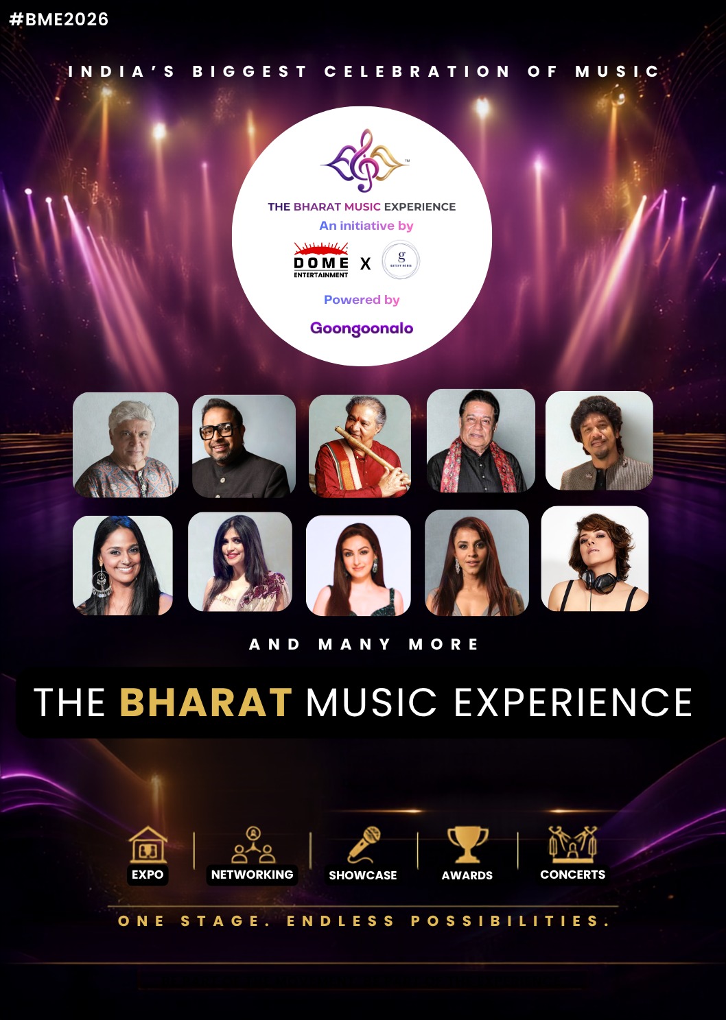 The Bharat Music Experience 2026 - India's Biggest Celebration of Music featuring Javed Akhtar, Shankar Mahadevan, and many more artists. Powered by Goongoonalo