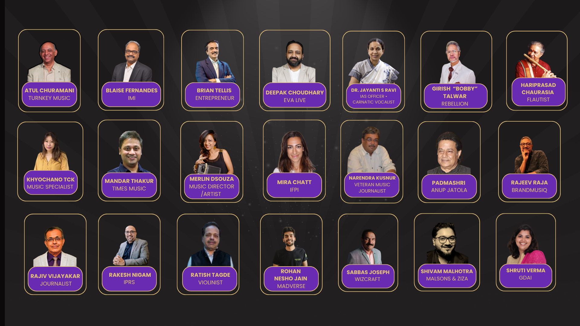 BME 2026 Jury Members - Atul Churamani (Turnkey Music), Blaise Fernandes (IMI), Brian Tellis (Entrepreneur), Deepak Choudhary (FVA Live), Dr. Jayanti Ravi (IAS Officer - Carnatic Vocalist), Girish Bobby Talwar (Rebellion), Hariprasad Chaurasia (Flautist), Khyochano Tok (Music Specialist), Mandar Thakur (Times Music), Merlin Dsouza (Music Director/Artist), Mira Chatt (IPFI), Narendra Kusnur (Indian Music Journalist), Padmashri Anup Jalota, Rajeev Raja (Grand Music), Rajiv Vijayakar (Journalist), Rakesh Nigam (IPRS), Ratish Tagde (Violinist), Rohan Nesho Jain (Madverse), Sabbas Joseph (Wizcraft), Shivam Malhotra (Malsons & Aiza), and Shruti Verma (ODM)